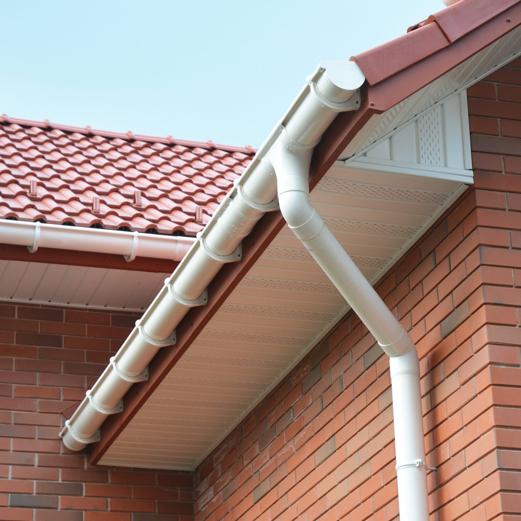 Close up view on House Problem Areas for Rain Gutter Waterproofi Close up view on House Problem Areas for Rain Gutter Waterproofing Outdoor. Home Guttering, Gutters, Plastic Guttering System, Guttering & Drainage Pipe Exterior